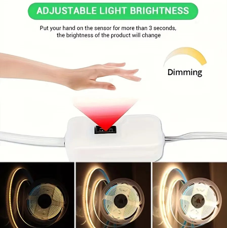 Fita de Luzes LED COB com Sensor de Movimento USB 5V Regulável 320LED/m Flexível para Armário Cozinha Guarda-Roupa Iluminação de Fundo para TV