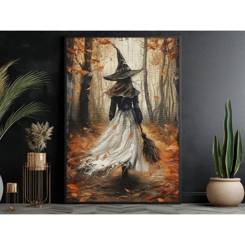 Pôster de Decoração de Parede de Halloween: Bruxa Sombria no Bosque com Flores - Impressão em Tela Sem Moldura para Decoração Festiva de Casa - Kasa & Pet