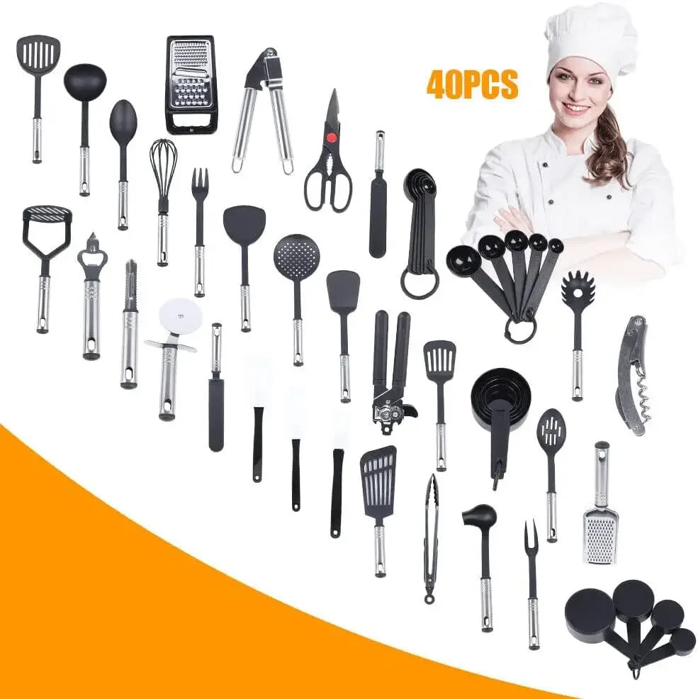 40 pçs utensílios de cozinha de aço inoxidável conjunto de utensílios de cozinha de náilon para cozinha cozimento mistura cozinha cozinhar