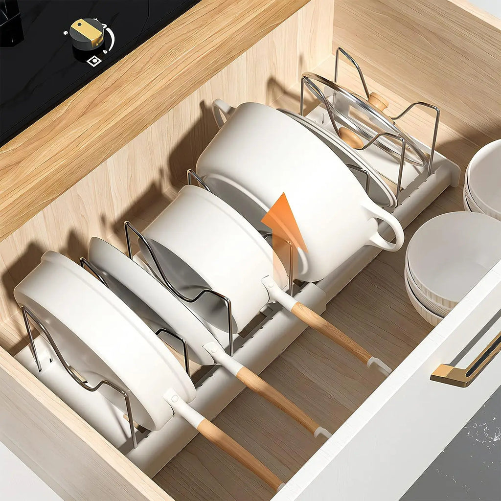 Organizador de Utensílios de Cozinha Expansível com 7 Compartimentos Ajustáveis, Suporte para Panelas, Organizador de Armário