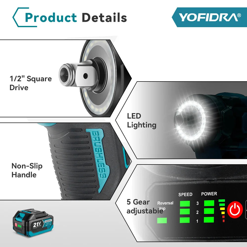 Yofidar com chave de impacto elétrica sem escova, 1200n.m, 5 engrenagens, 1/2 '', chave de fenda, ferramenta elétrica de reparo de carro para makita, pino de bateria de 18v