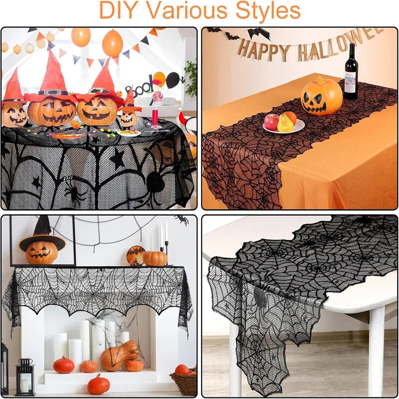 Kit de Decorações de Halloween: Toalha de Mesa com Teia de Aranha, Caminho de Mesa, Decoração para Lareira, Toalha de Mesa com Renda e Teia de Aranha, Decoração para Festa de Halloween