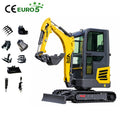 Mini Escavadeira de Cabine Fechada de 2 Toneladas, Escavadeira Hidráulica de Esteiras CE Euro5 com Acessórios para Agricultura, Jardinagem e Paisagismo