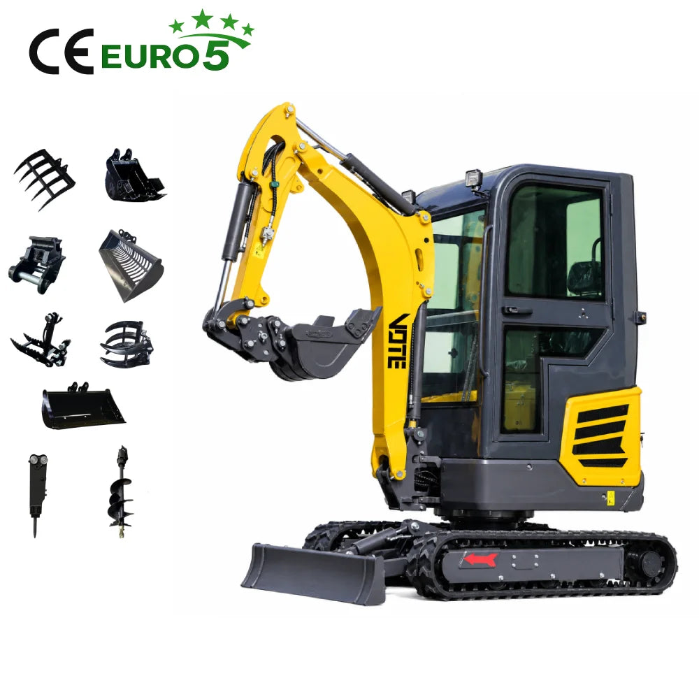 Mini Escavadeira de Cabine Fechada de 2 Toneladas, Escavadeira Hidráulica de Esteiras CE Euro5 com Acessórios para Agricultura, Jardinagem e Paisagismo