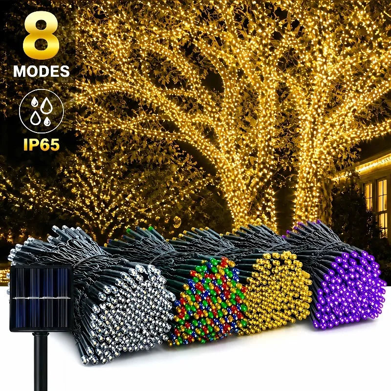 Luzes de Cordão LED Alimentadas por Energia Solar com 8 Modos de Piscar Diferentes, Ideais para Decorar Jardins, Casamentos, Halloween e Natal