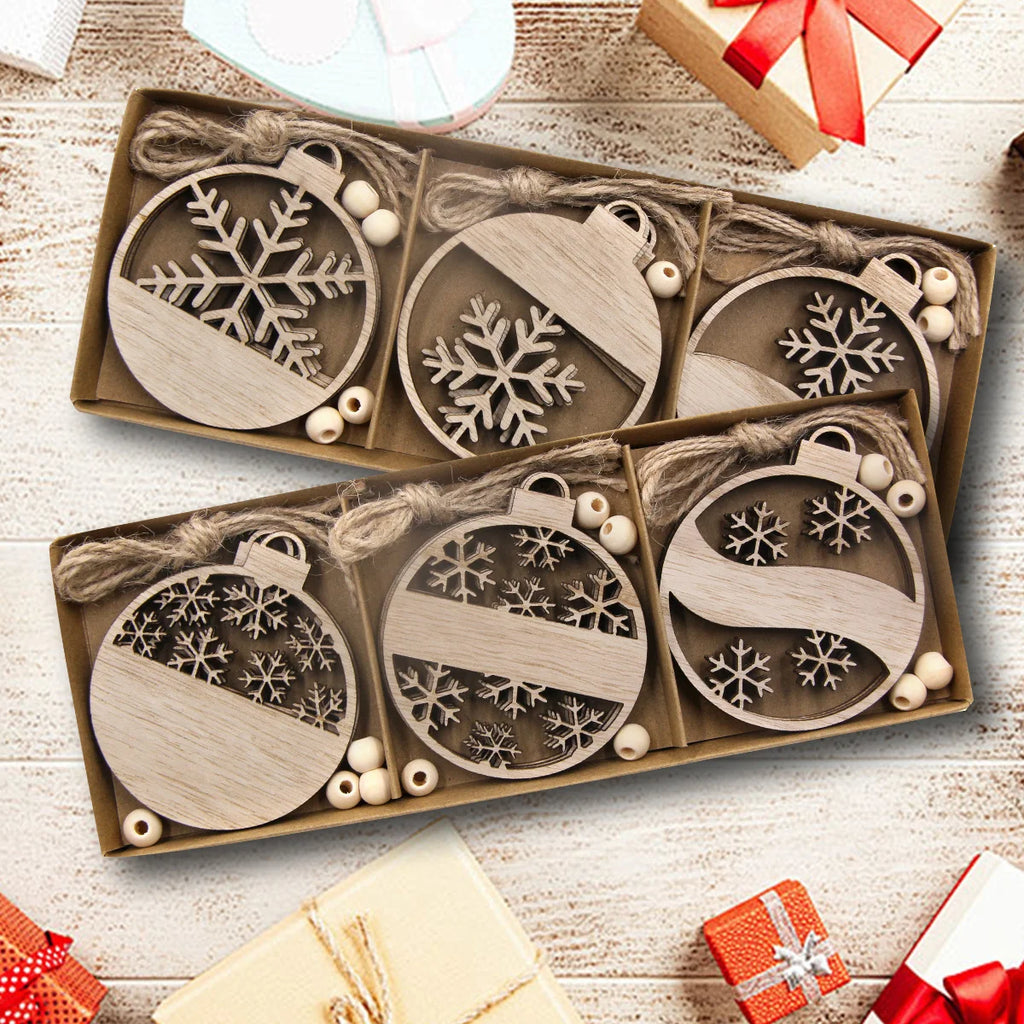 12 pçs/caixa bola de madeira pingente oco natal floco de neve pendurado ornamentos para decorações da árvore noel diy presentes embrulho suprimentos