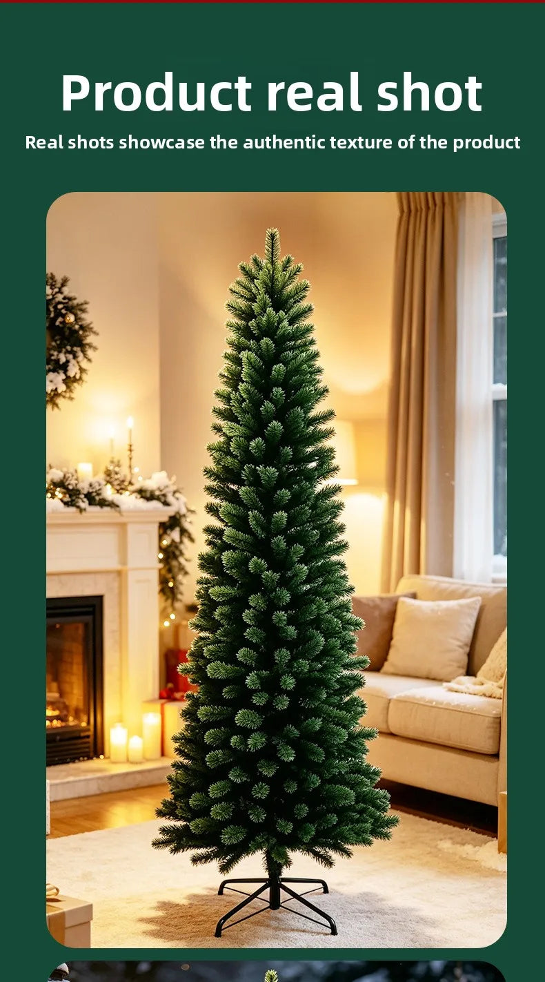 Árvore de Natal artificial, de formato alongado, cor verde-pinho, para decoração de festas e eventos familiares em ambientes fechados.