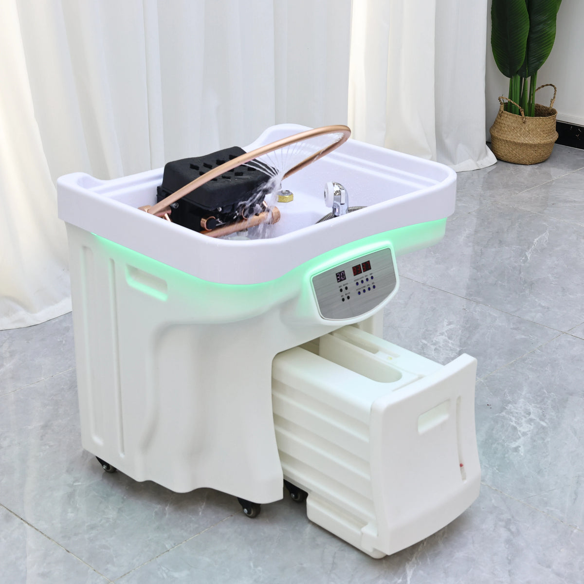 Bacia de spa com cabeça de armazenamento de água conveniente de 60L com circulação de água e função de aquecimento, bacia de salão de cabeleireiro, com tanque de drenagem