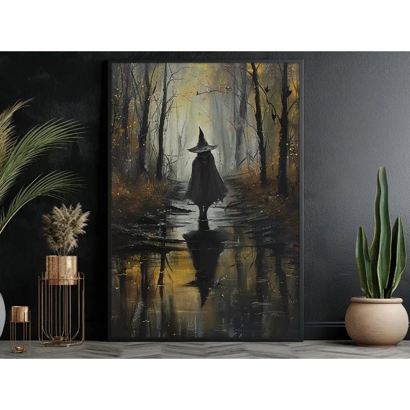 Pôster de Decoração de Parede de Halloween: Bruxa Sombria no Bosque com Flores - Impressão em Tela Sem Moldura para Decoração Festiva de Casa - Kasa & Pet