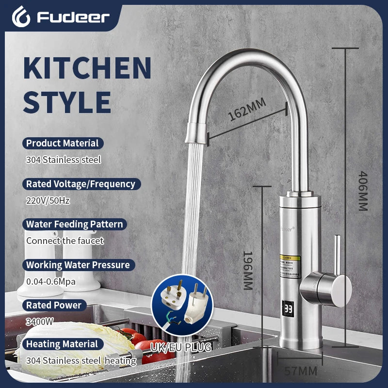 Fudeer 3400W 220V Cozinha Elétrica Aquecedor de Água Torneira Instantânea de Aço Inoxidável Torneira de Água Aquecedor Torneira de Aquecimento Frio