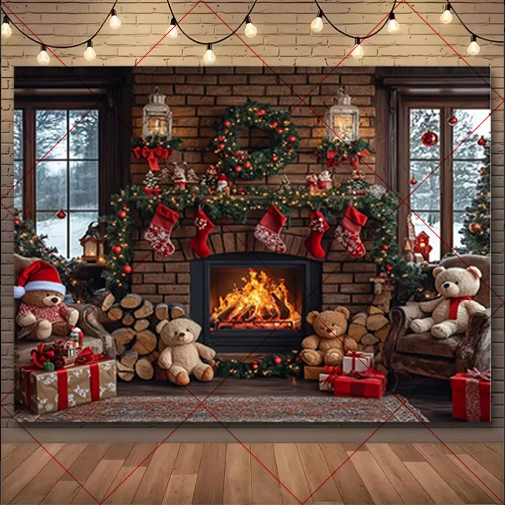 Natal inverno fundo vintage lareira festa decoração crianças photo studio suprimentos árvore de natal lanternas cenário nevado