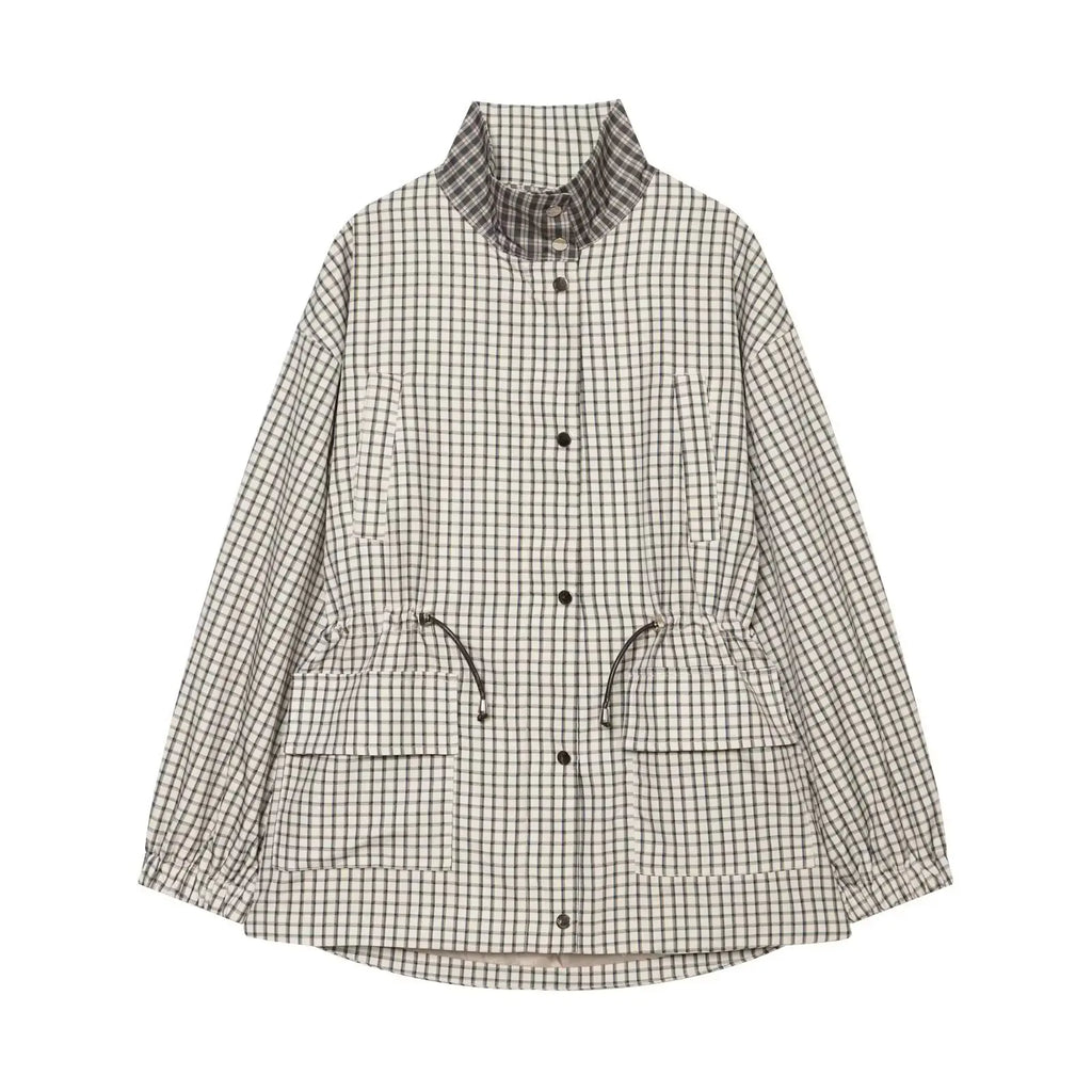 Women's Casual Plaid Short Trench Coat, Lapel, Double-Breasted, Belted Waist, Loose Long Sleeve Checkered Jacket, Autumn Windbreaker