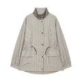 Women's Casual Plaid Short Trench Coat, Lapel, Double-Breasted, Belted Waist, Loose Long Sleeve Checkered Jacket, Autumn Windbreaker