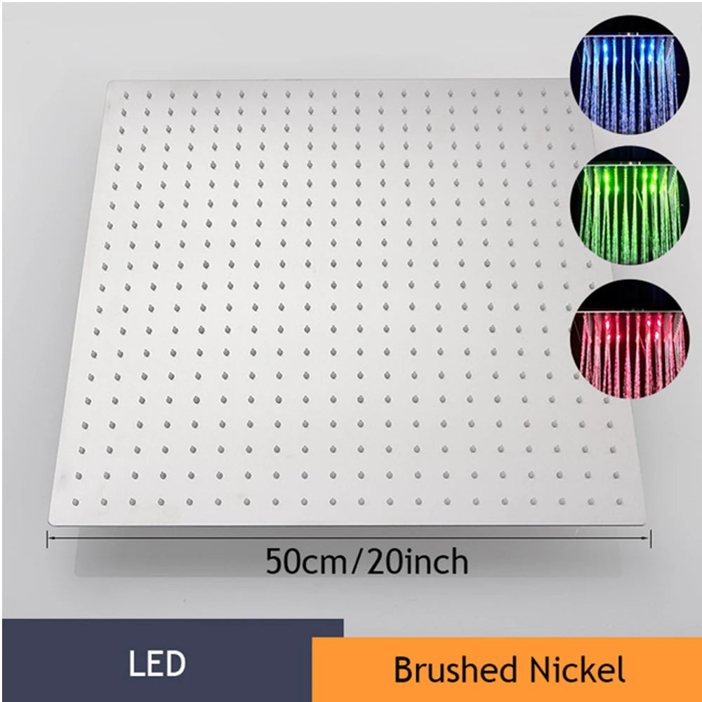 Cabeça de chuveiro de chuva preta com luz LED 20 ''Grande cabeça de torneira de chuveiro de chuva quadrada de latão cabeça que muda de cor
