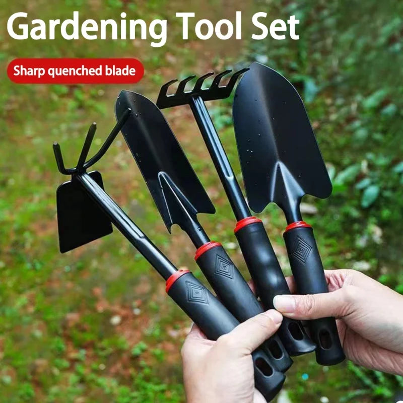 Conjunto de Ferramentas de Jardinagem Mini com 4 Peças, Incluindo Pá, Rastelo e Enxada para Plantio de Flores e Vegetais, Equipamento de Jardinagem Manual para Casa e Jardim
