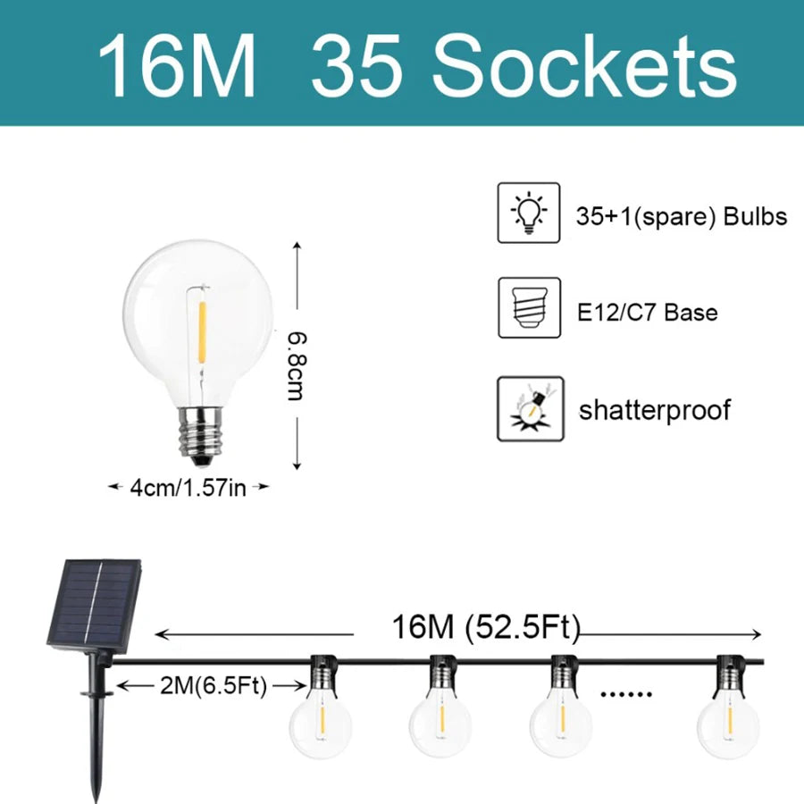 G40 luzes da corda solar festão led pátio lâmpadas corda solar ao ar livre para festa de jardim de natal casamento terraço decoração