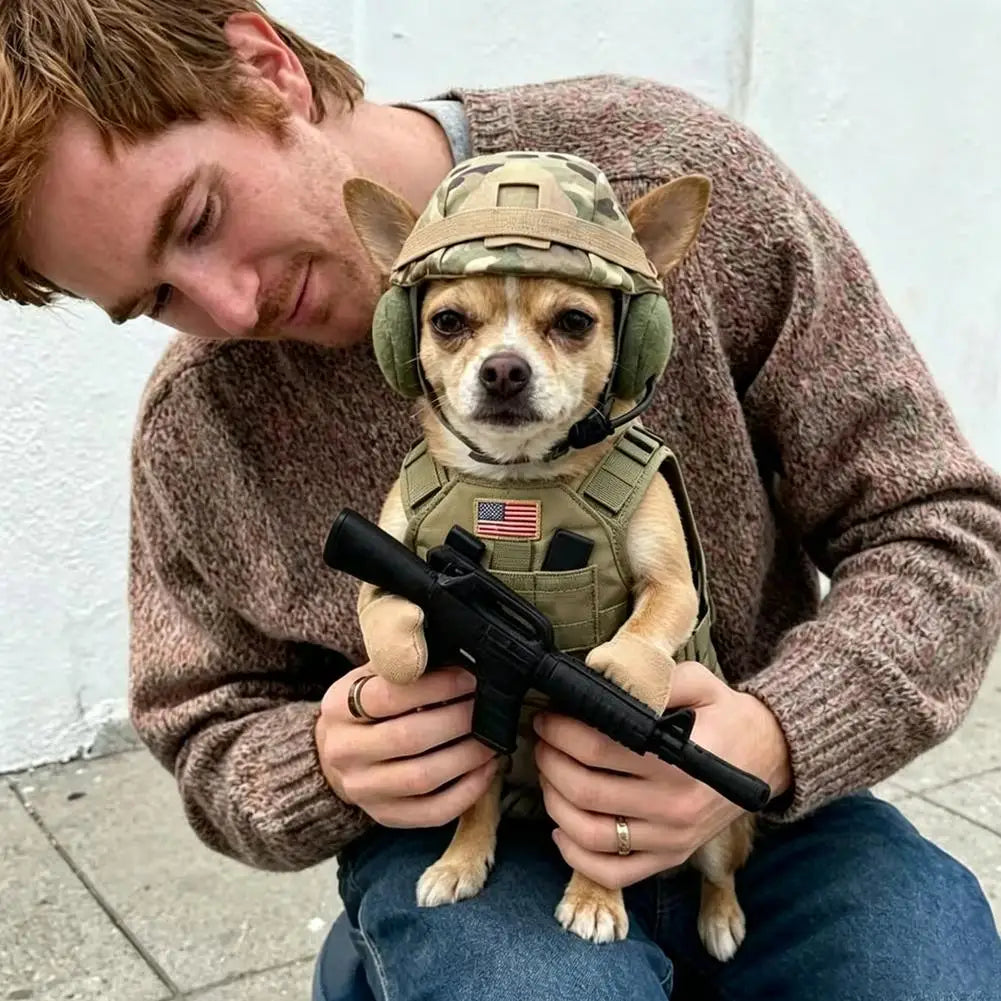 Uniforme tático para animais de estimação, fantasia de soldado para Halloween para cães e gatos, arnês tático para cães com chapéu, roupa militar divertida.