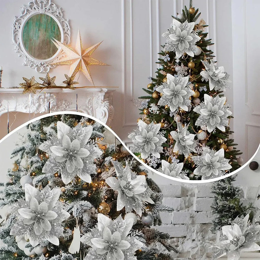 Natal glitter flores artificiais árvore de natal pendurado ornamentos flor falsa para casa 2025 natal ano novo 2026 navidad presente