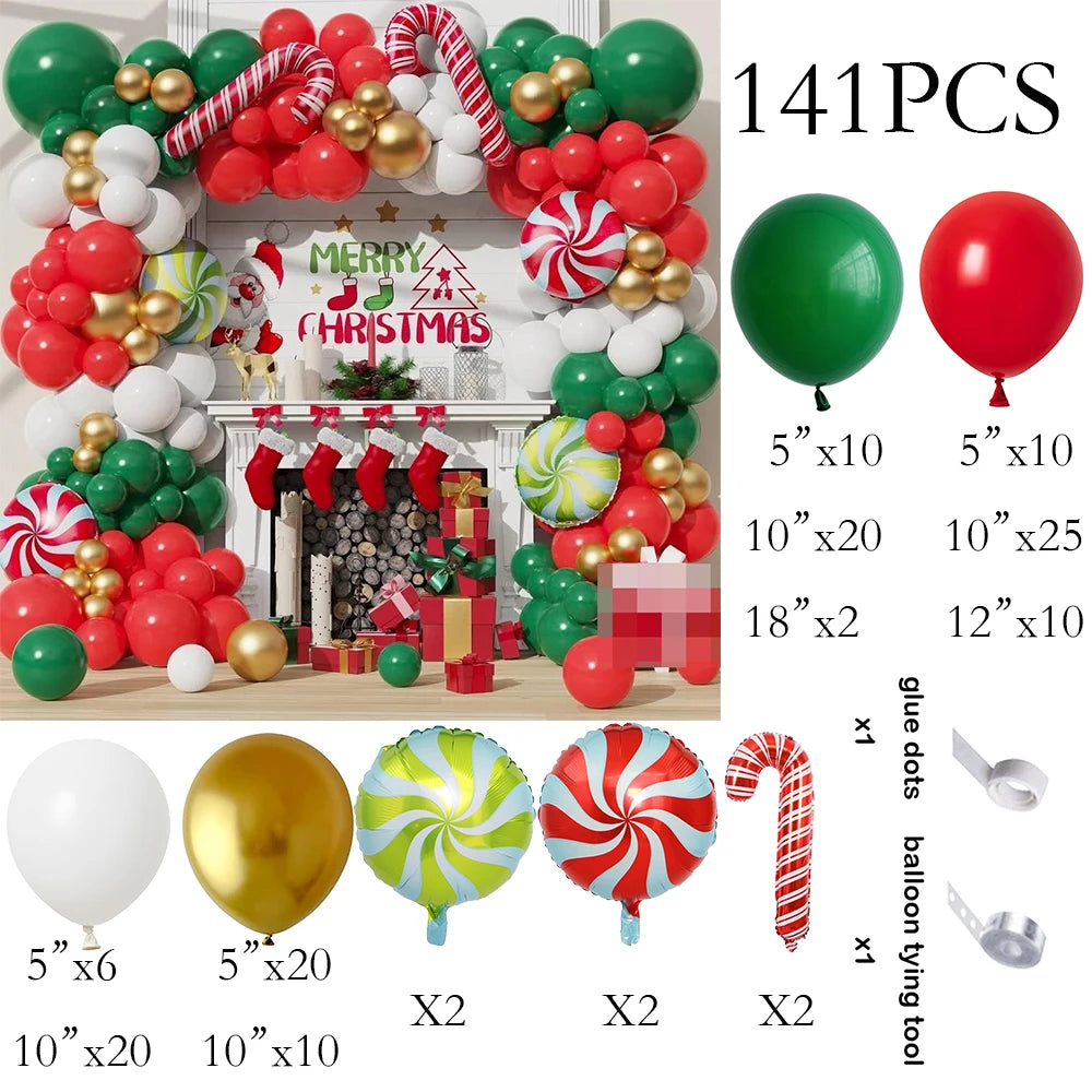 Natal verde balões arco kit vermelho branco ouro balão guirlanda natal doces cana folha globos natal casa festa de aniversário decoração