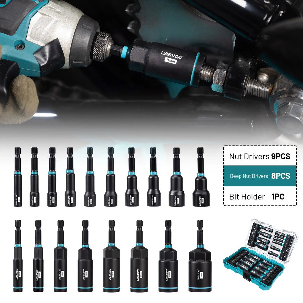 16/18 pçs conjunto de driver de porca magnética sae/conjunto de driver de porca de impacto métrico 1/4 "hex shank porca driver bit conjunto para impacto broca porca driver