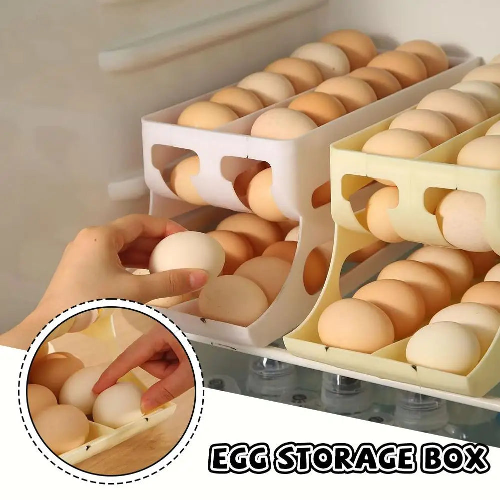 Organizador de ovos com rolagem automática para cozinha, dispensador de ovos de plástico, rack de armazenamento, suporte de ovos que economiza espaço para uso na geladeira, acessórios de cozinha