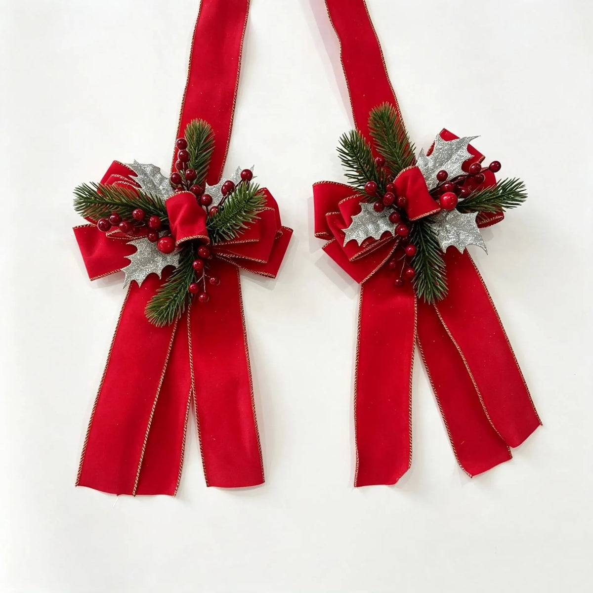 Decorações de Natal para Porta com Laços, Escapulários, Ramos de Pinheiro e Bagas Vermelhas, Pingente de Natal e Ano Novo, Decoração Externa