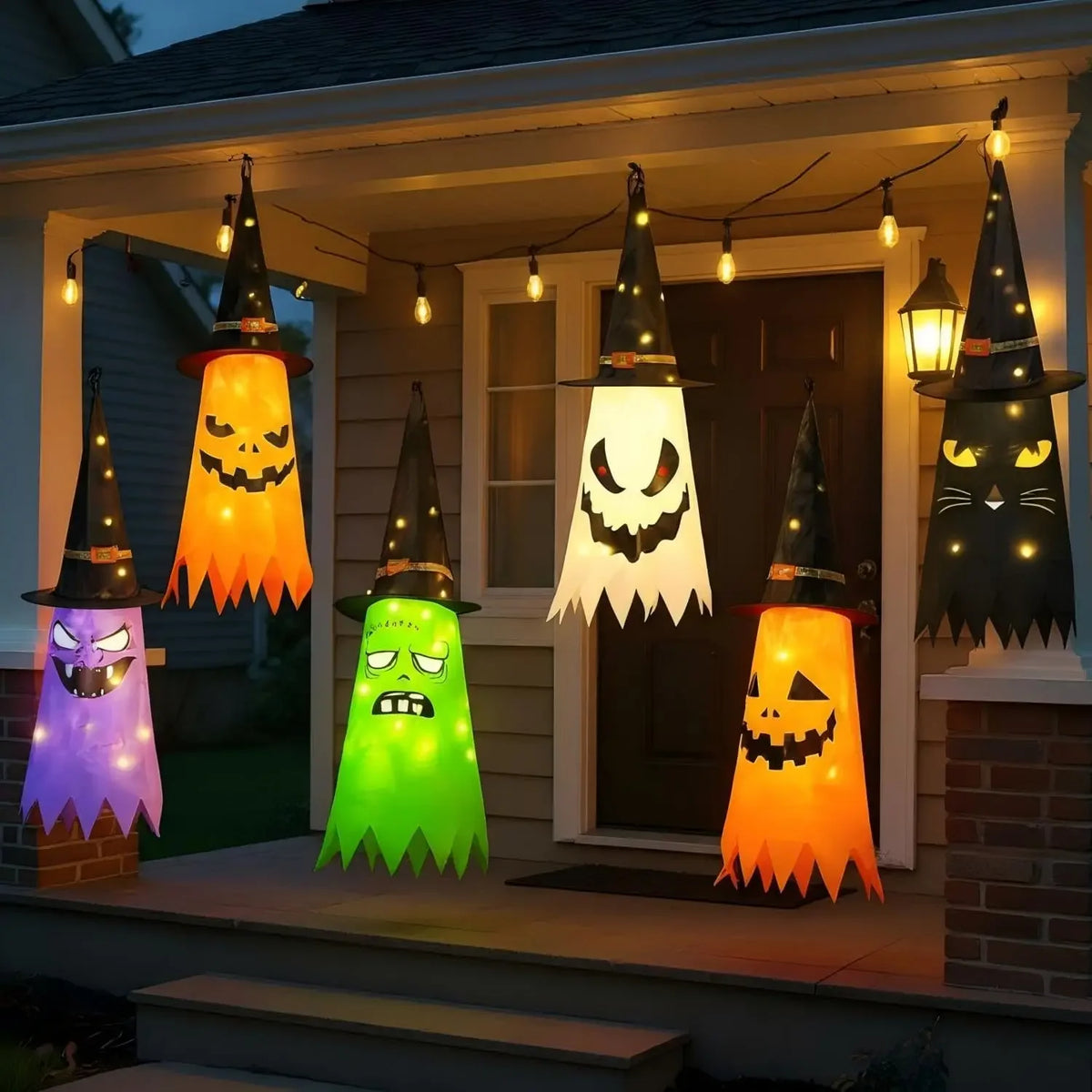 Lanternas de Chapéu de Bruxa Brilhantes para Halloween, Decoração Suspensa para Jardim, Varanda, Quarto, Ambientes Internos e Externos, Adereços para Festas de Feriado
