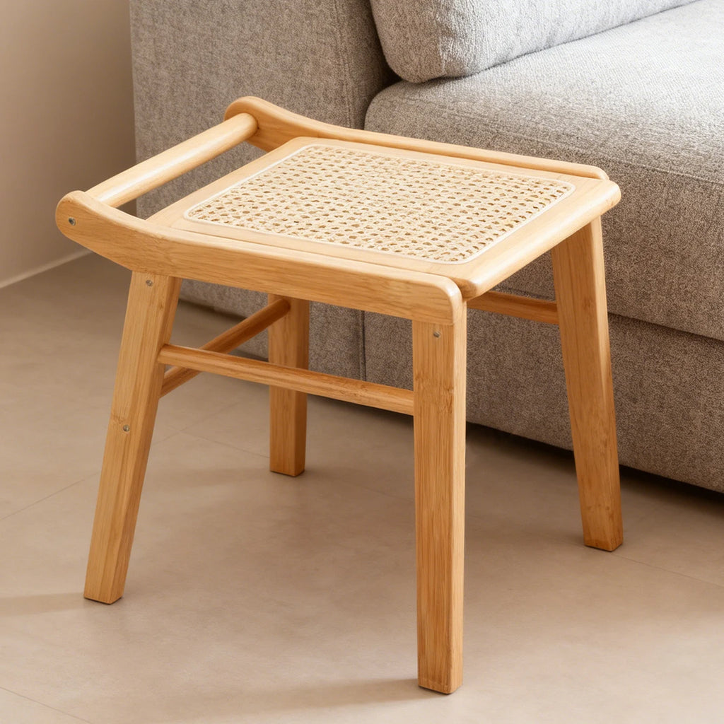 Banqueta elegante de bambu com tampo de vime – Banqueta moderna para penteadeira de quarto, sala de estar e decoração de entrada de casa