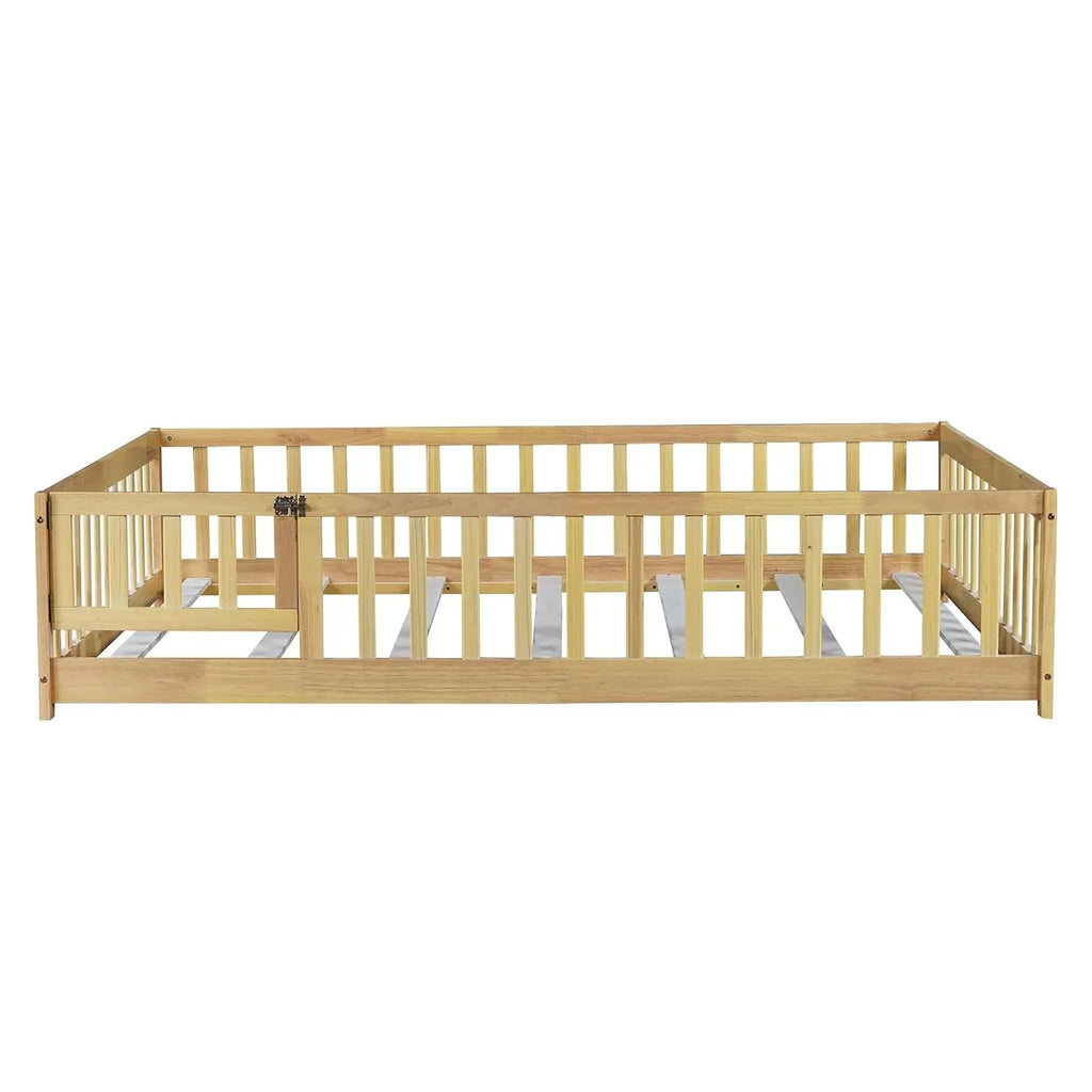 Full Size Montessori Floor Bed Frame with Rails & Door Solid Wood Kids Low Profile Sleep & Play Bed Natural, Customized