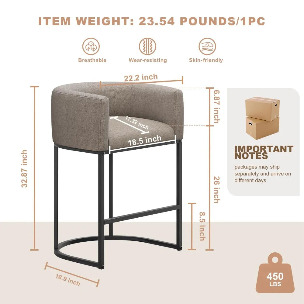 Conjunto de 3 Banquetas de Bar em Linho com 26'' de Altura, Design Moderno com Encosto e Braços, Personalizável