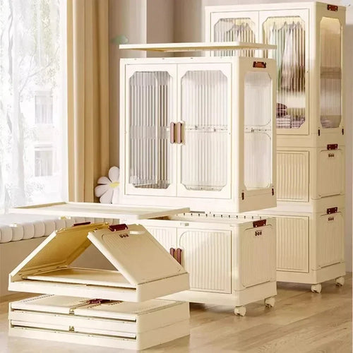 -Armário de armazenamento dobrável multicamadas com rodas, porta dupla, guarda-roupa, transparente, grande capacidade, organizador, prateleira