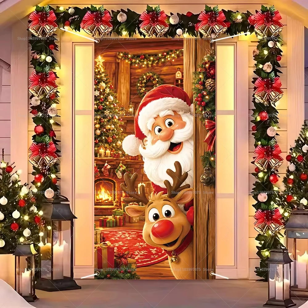 Capa de Porta de Natal com Design de Papai Noel, Rena, Árvore de Natal e Boneco de Neve, Banner Fotográfico, Decorações de Férias de Inverno, Capa de Porta Feliz Natal