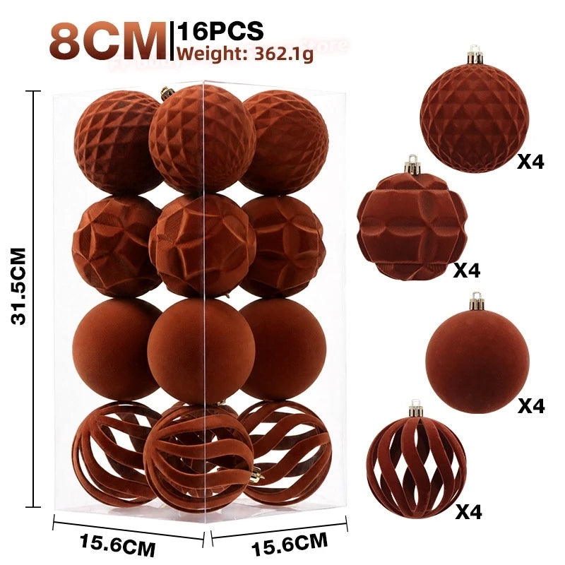 16 bolas de Natal de veludo, enfeites de 8 cm, bolas para pendurar na árvore de Natal, decoração para festas de Ano Novo e para a casa, Natal.