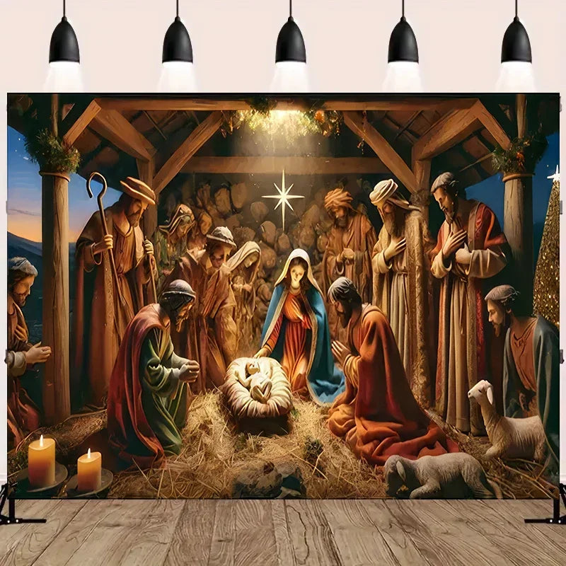 Tapeçaria de Presépio Noite Estrelada, Decoração de Parede Religiosa Tradicional para Natal e Aniversário
