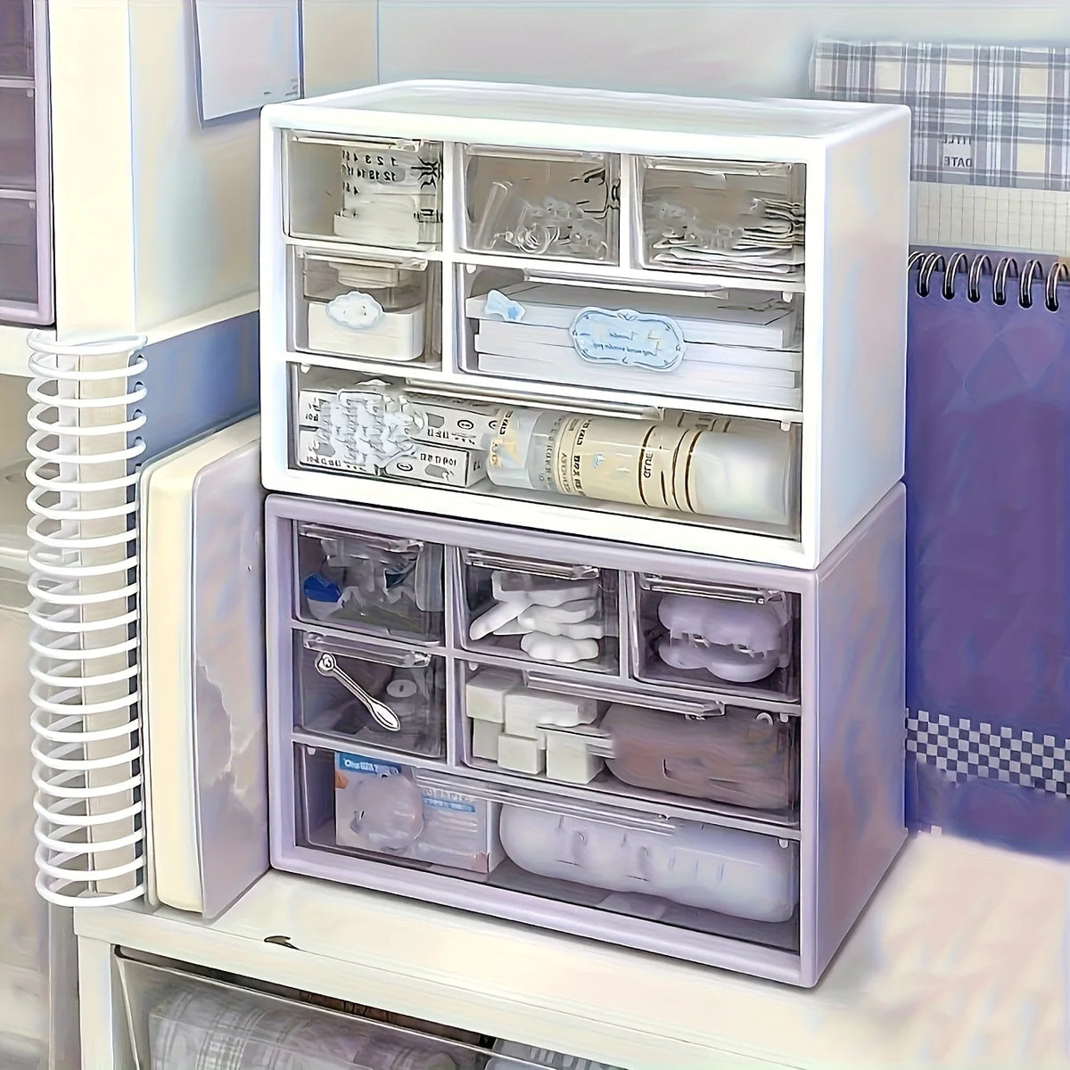 Organizador de mesa com seis gavetas-recipiente espaçoso e multifuncional, perfeito para material de escritório, papelaria, itens essenciais para dormitório