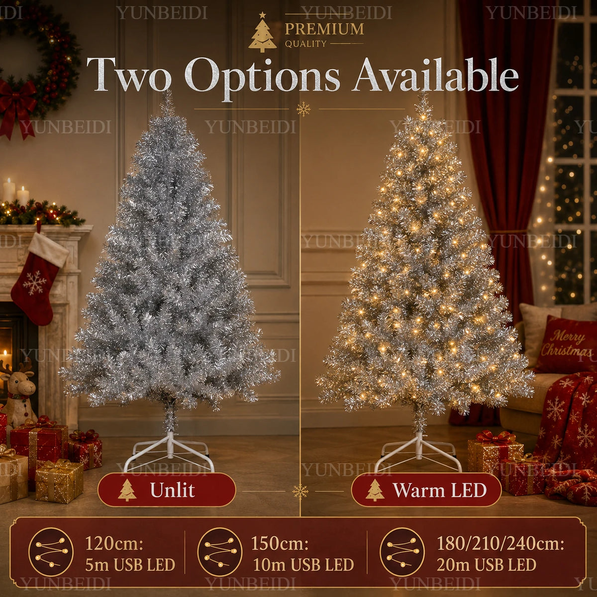 Árvore de Natal Artificial Prateada em PVC 120-240cm de Alta Qualidade com Luzes LED Quentes, Decoração para Festa de Natal em Casa