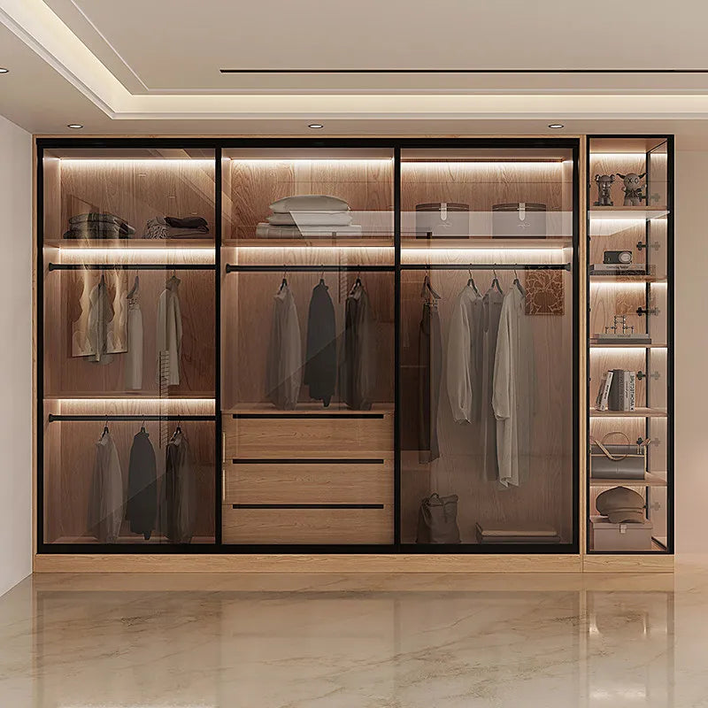 Bedroom Household Solid Wood Sliding Door Wardrobe Glass Double Wardrobes Storage Cabinet Clothes Closet Clothing Home Furniture