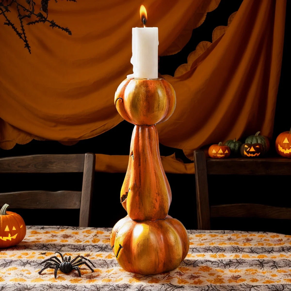 1 unidade, Decoração de Halloween: Castiçal Retrô de Abóboras Empilhadas, Artesanato em Resina para Decoração de Casa