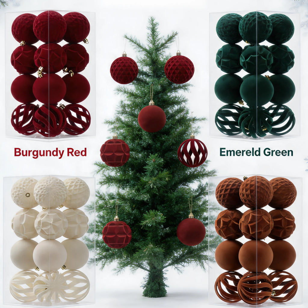 16 Bolas de Natal de Veludo de 8CM, Enfeites de Luxo Flocados para Pendurar na Árvore de Natal, Pingentes para Decorações de Festas de Ano Novo