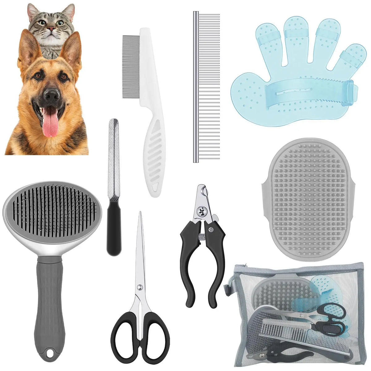 Kit de Beleza para Gatos com 8 Peças: Escova, Cortador de Unhas e Lixas, Kit de Higiene para Animais de Estimação, Pente Antipulgas
