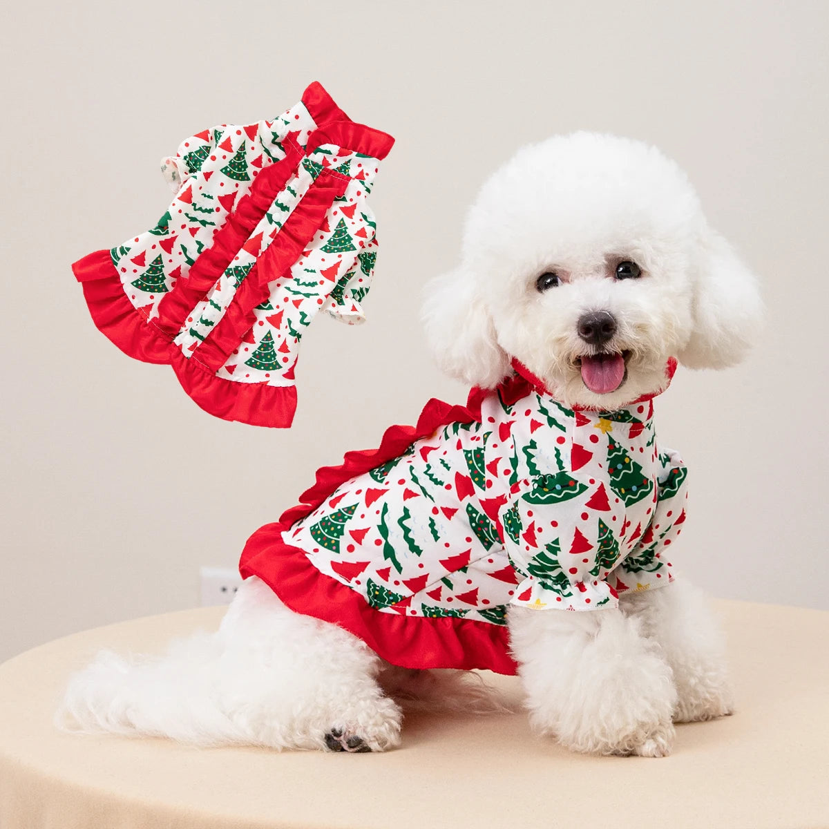 Vestido de Natal para Pets com Estampa de Árvore de Natal, Saia com Babados, Roupa de Festa para Cães e Gatos de Pequeno e Médio Porte, Fantasia Fofa para Pets