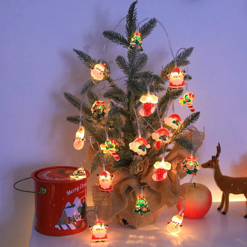 Luzes de corda de Natal LED, com Papai Noel/boneco de neve/cana de doces/meia de Natal/designs de flocos de neve, para festa de Natal/interior/árvore
