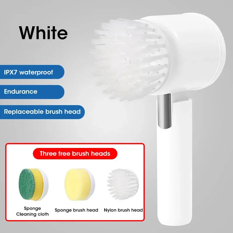 Purificador giratório elétrico sem fio 2025 com 5 escovas, limpador de banheiro recarregável à prova d'água IPX7 para limpeza de azulejos/doche/gravos