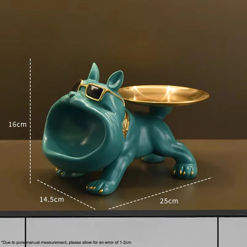 Estátua de cachorro de resina, estátua de buldogue, bandeja de armazenamento, decoração de animais, artesanato de resina, escultura de arte, estátua de cachorro, decoração de casa