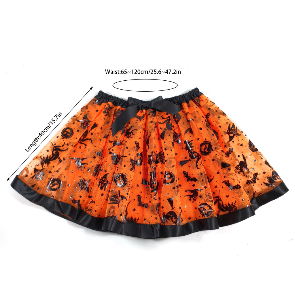 Saia de Tule para Adultos de Halloween Adornada com Morcegos, Abóboras e Estrelas, Esta Saia de Tule Laranja Tem um Laço Preto na Cintura