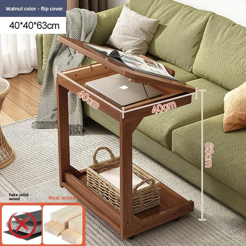 Mesa de centro móvel de madeira maciça, prateleira de armazenamento para sala de estar, mesa lateral dobrável para sofá de sala de estar, mesa de cabeceira de madeira maciça para quarto