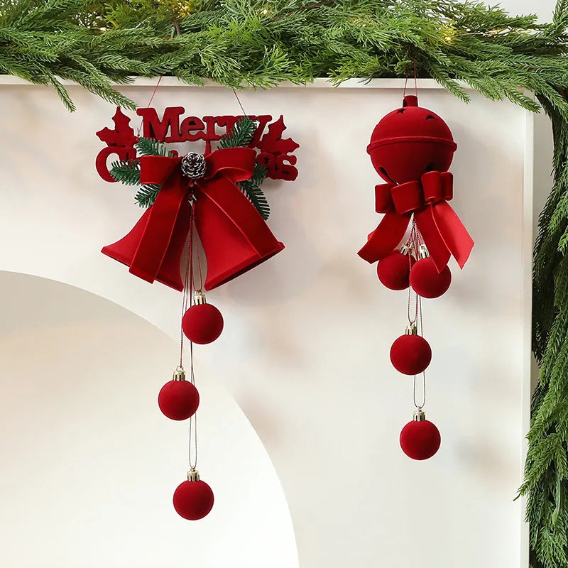 Enfeites de Natal em Veludo Vermelho, Bolas Flocadas, Sinos, Pingentes, Laços, Decoração para Casa, Presentes para Festa de Natal e Ano Novo