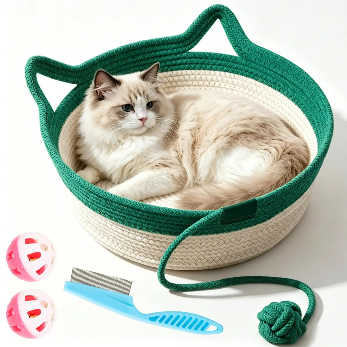Cesto Cat Instinct - Cama Divertida de Corda de Algodão Tecida à Mão, Equipada com uma Cauda de Brinquedo