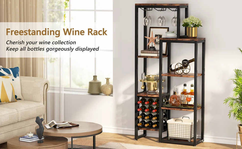 Cremalheira autônoma do vinho do assoalho das tribos com suporte de vidro e armazenamento do vinho, prateleira de exposição industrial do vinho, padeiro Rack, 5-Tier