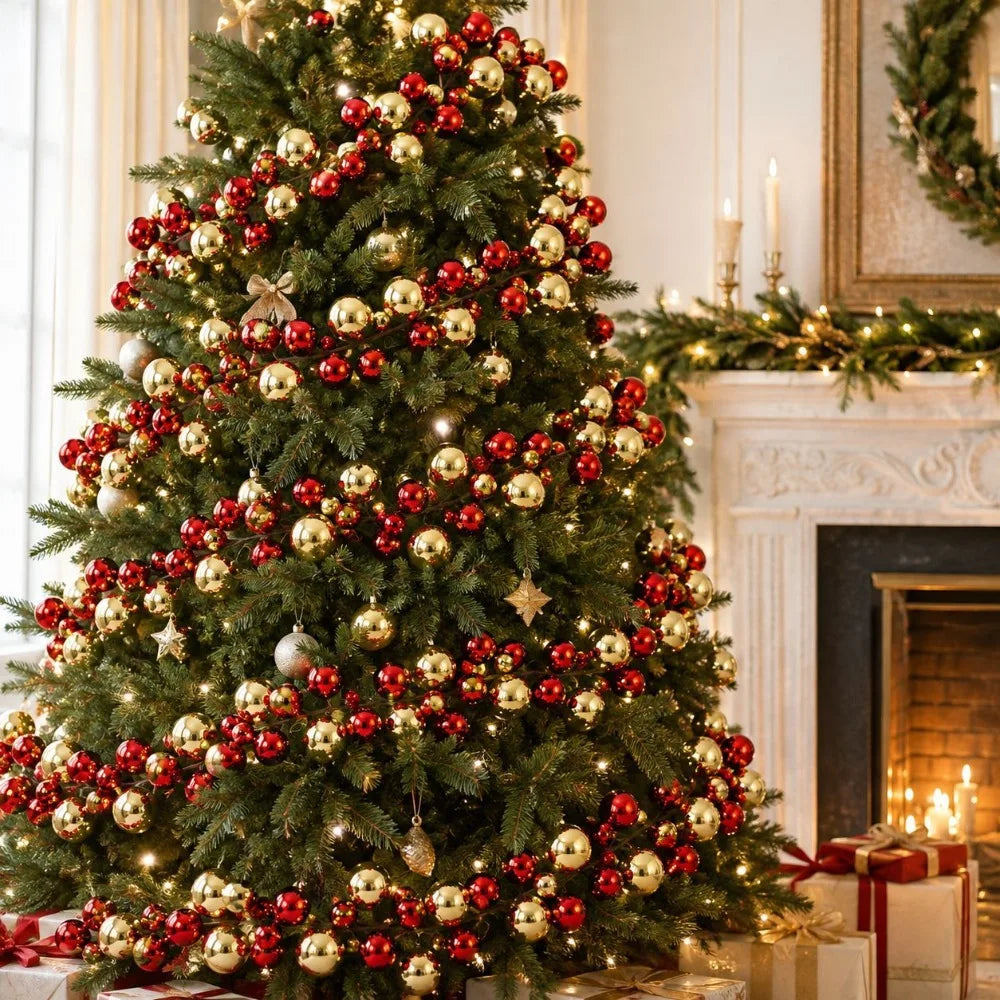 Guirlanda de Bolas Vermelhas e Douradas Longas para Decoração de Natal, Bolas de Natal Ideais para Decoração de Natal, Ano Novo e Aniversário, Decoração para Casa